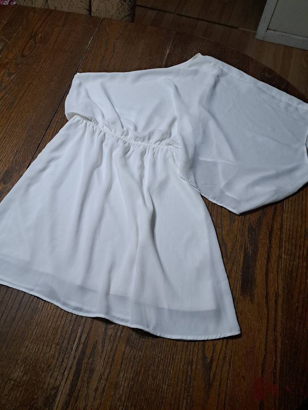 Small Caramela Off Shoulder Off White Lined Elastic Waist Mini Dress